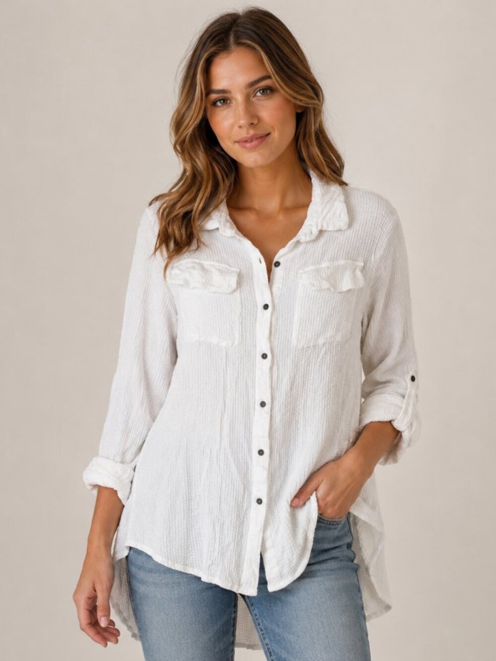 Tru Luxe Women's Large Button Up Shirt Collared Long Sleeve White Waffle Weave